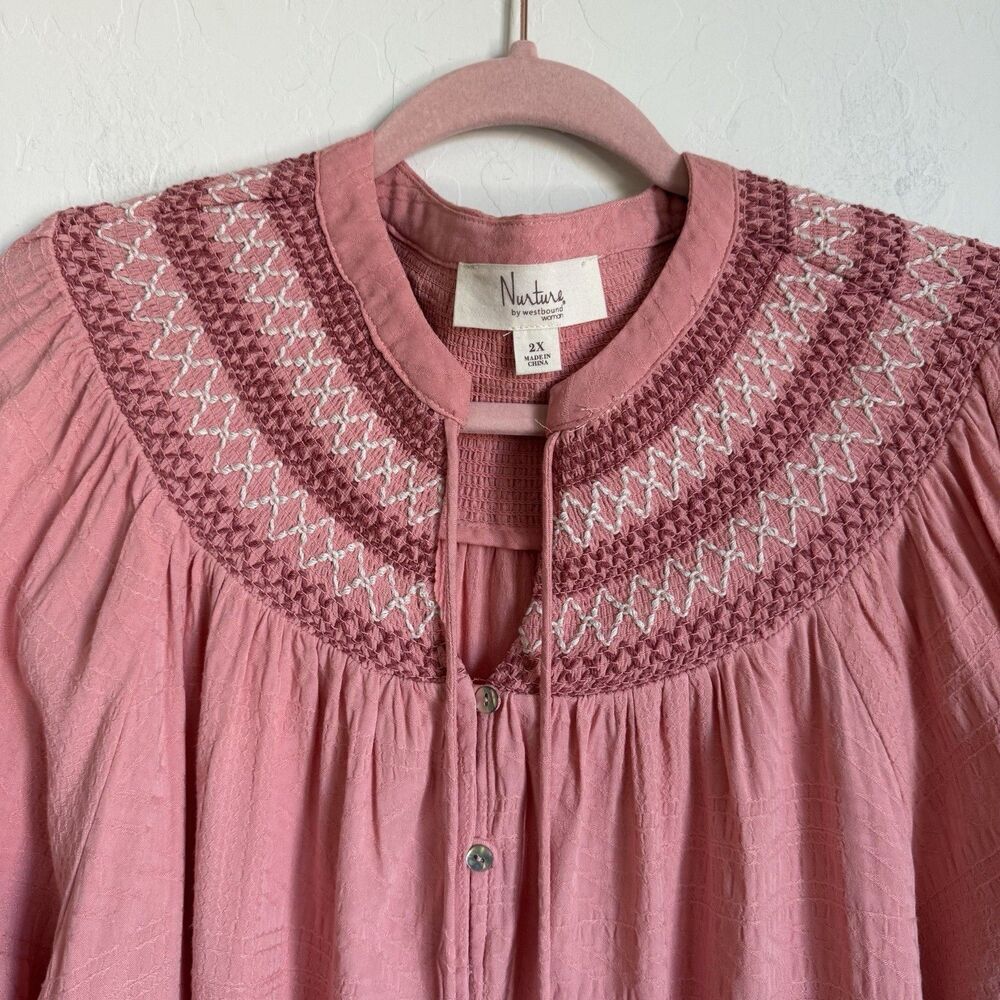 Nurture by Westbound 2X Pink Embroidered Boho Long Sleeve Peasant Blouse Flowy - Picture 3 of 14